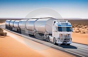 A road train with unmarked wagons on an Australian highway in the outback.