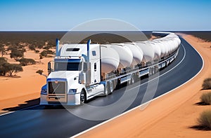 A road train with unmarked wagons on an Australian highway in the outback.