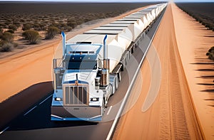 A road train with unmarked wagons on an Australian highway in the outback.