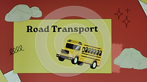 Road transport inscription on yellow and red background with moving bus symbol. Graphic presentation. Transportation