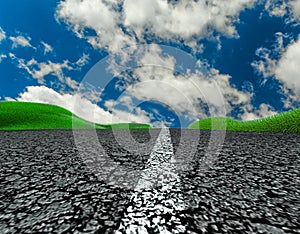 Road travel trip asphalt grass clouds blue sky background