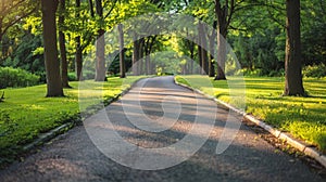 A road with trees lining both sides of it in a park, AI