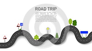 Road trip. 3D navigation and location on trip with signs and trees. Winding way map. Journey for car in highway. Travel on taxi.