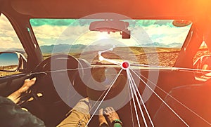Road Trip Adventure Concept. A couple travels around the country using augmented realityÑŽ Toned Image