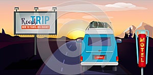 Road trip. Adventure on the road in car summer vacation urban landscape vector background