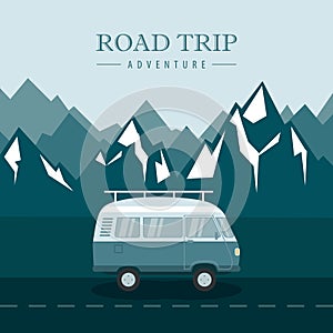 road trip with camper van adventure in the wilderness on mountain landscape