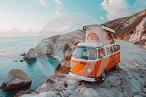 Road trip in camper van, surrounded by scenic nature, sea and clean air