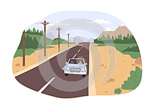 Road trip concept. Freedom of movement. Traveling by car on a sunny day. Highway with two cars against the nature