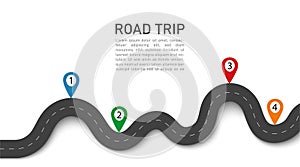 Road trip. 3D journey with gps navigation, location in street. Winding way map. Asphalt for car in highway. Travel on taxi.