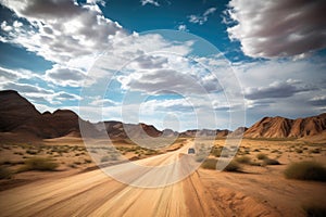 road trip through the desert with towering sand dunes and dramatic skies