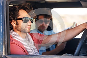 Road trip, driving and men for travel adventure, journey and holiday in summer, sunglasses and tourism. Driver, people