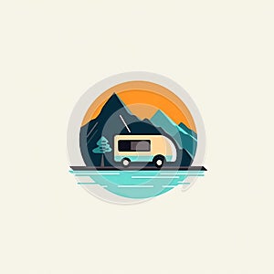 Road trip emblem with RV recreational vehicle
