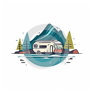 Road trip emblem with RV recreational vehicle