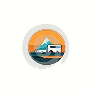 Road trip emblem with RV recreational vehicle