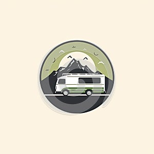 Road trip emblem with RV recreational vehicle