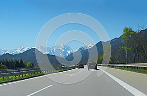 Road trip on the highway to Garmisch, bavarian alps at springtime