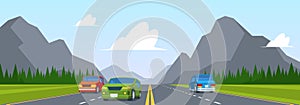 Road trip. Highway traffic with various cars on road lines sunrise and mountains view garish vector cartoon background