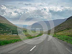 Road trip in Iceland. Icelandic landscape during a car trip to Westfjords region