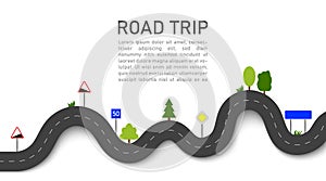 Road trip. Icon for map of journey. Highway for travel. Path of taxi. Asphalt with road signs and nature. Way on street for