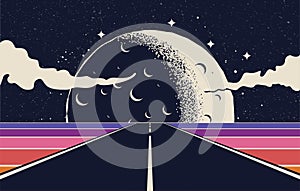 Road trip or road journey concept illustration with straight highway stretching beyond the horizon and giant Moon on background.