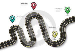 Road trip and Journey route infographic template with pin pointer