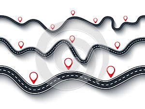 Road trip and Journey route. Seamless Winding Roads Set on a White Isolated Background with Pin Pointers