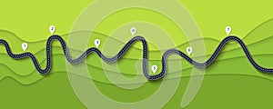 Road trip and Journey route. Winding Road on a Colorful Background with pin pointer