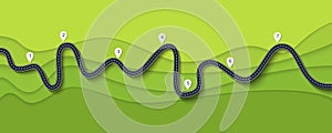 Road trip and Journey route. Winding Road on a Colorful Background with pin pointer photo