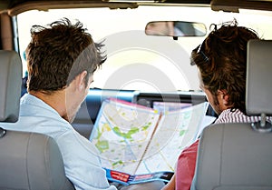 Road trip, map and people for travel adventure, journey and holiday with tourism guide, check and planning. Driver, men