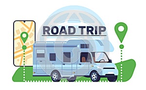 Road trip in motor home around world. Mobile navigation application. Automobile camping van. Map pins. Summer vacation