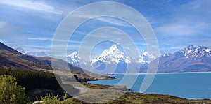 The road trip with mountain landscape view of blue sky background over Aoraki mount cook national park