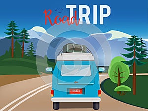 Road trip. Moving car on the road summer landscape background countryside adventure vector cartoon illustration