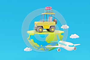 Road trip by Off-road car with bags on roof, Airplane flying in clouds with globe, Tourism and travel concept, holiday vacation,