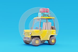 Road trip by Off-road car with bags on roof, Tourism and travel concept, holiday vacation, Family camping, nature journey, 3d