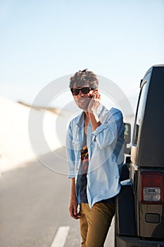 Road trip, phone call and man by car for help, conversation and travel outdoor on mockup space. Smartphone, roadside