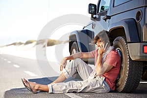 Road trip, phone call and man by truck for help, conversation and travel outdoor. Smartphone, roadside assistance and