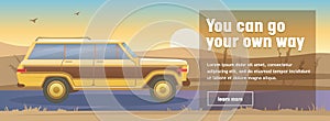 Road Trip Poster with Car on Beautiful Sunset Landscape. Holiday Adventure Design Concept. Good for Advertisement Banner Card