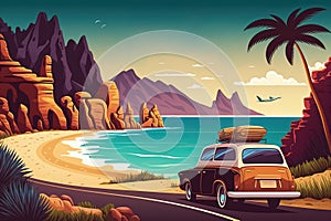 Road trip poster with car on the road to the sea beach. Travel banner, summer vacation and journey with ocean coast landscape with