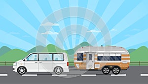 Road trip poster with hatchback car and trailer