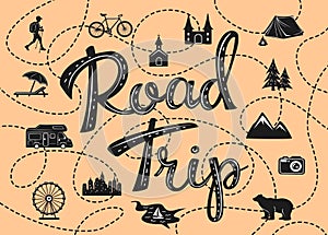 Road trip poster with a stylized map with point of interests photo