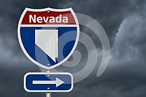 Road trip to Nevada, Red, white and blue interstate highway road sign with word Nevada and map of Nevada with stormy sky