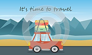 Road trip vacation by car on highway with beach and hills view. It\'s time to travel. Vector illustration