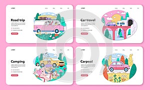 Road trip web banner or landing page set. Young people or family
