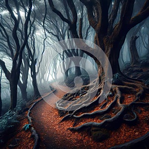 Road to the light in dark mysterious forest