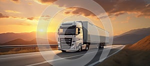 Road truck transportation vehicle highway freight car cargo sunset trailer
