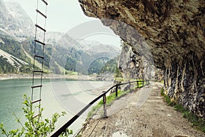 Road through the tunnel, over canyon lake Gosau, Austria