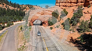 Road and the tunnel in the rock, aerial view of National Park