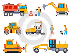 Road under construction flat vector icons set