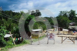 Road under construction signs stop