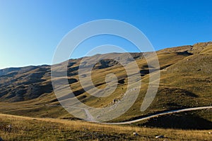 Road through the unevenness of the Bosnian mountain Bjelasnica. It has a golden color before sunset